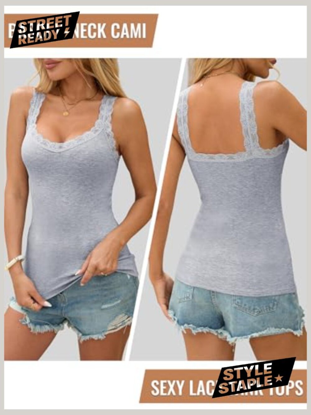 Wide Strap Ribbed Lace Trim Cami Tank Top V-Neck Stretchy - Picture 4 of 7